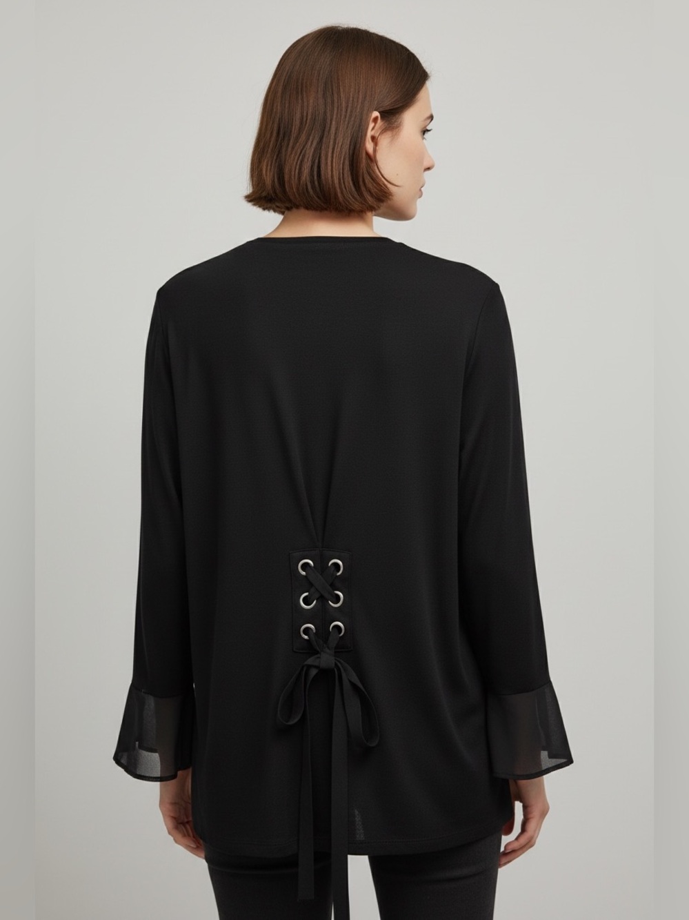 August Silk, Draped Open Front Black Flowing Cardigan Sheer Bell Cuffs. Large - Picture 2 of 12